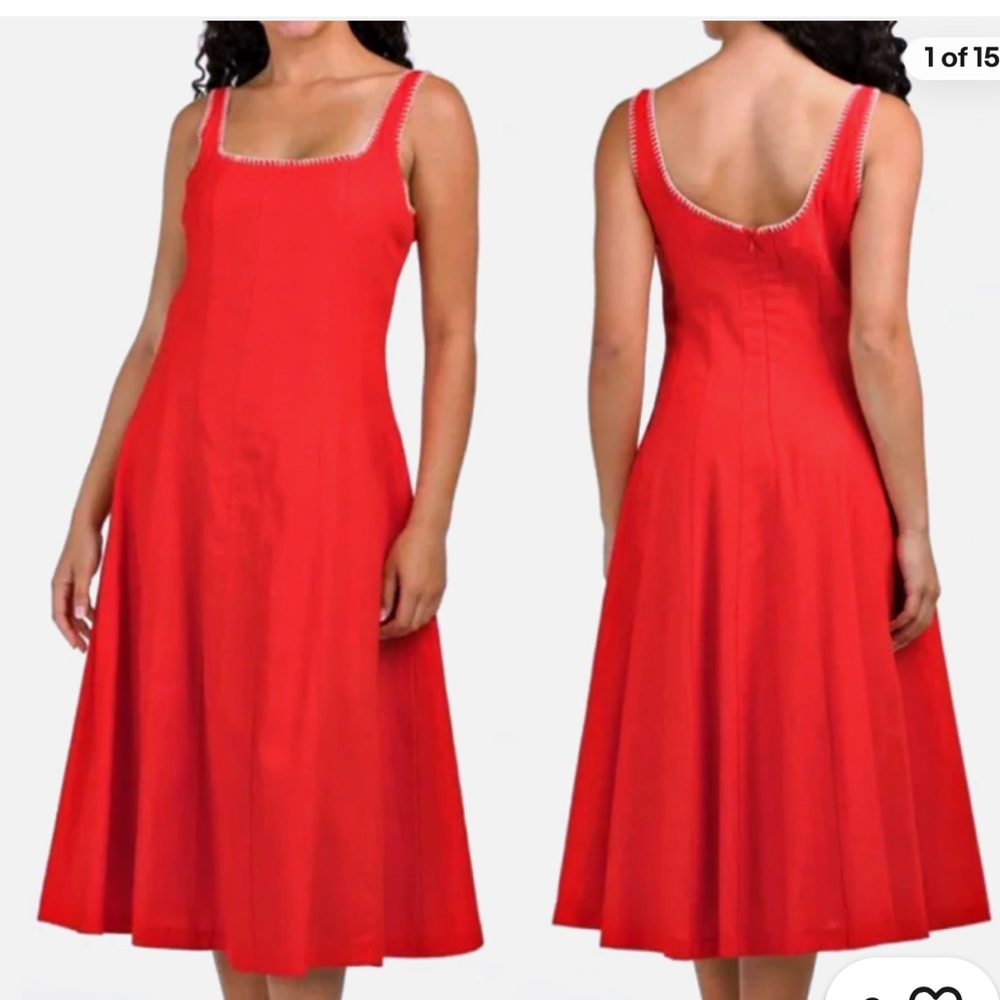 Caroline Constas Whipstitch  A-Line Linen Blend Midi Dress Cherry